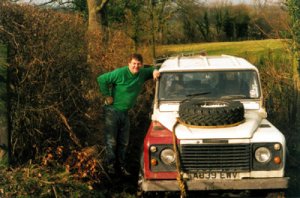 Dick posing with "Uriah" the Landrover 110 SW 3.5V8 halfway up  "White Hawk Lane" near Welshpool