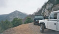 Mick Strawson's Range Rover and Uriah the 110 in convoy in the Pyreneen mountains