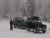 Landrover series III and 110 CSW on a forest trail at -25c in south east Poland